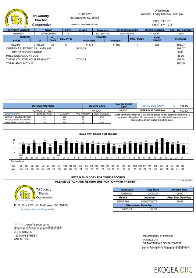 USA Tri County Electric Cooperative utility bill template in Word and PDF format